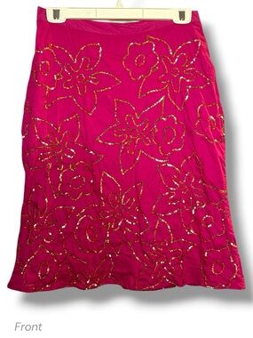 Vintage 100% Cotton Hot Pink Gold Sequin Floral A-Line Above Knee Lined Skirt 6
